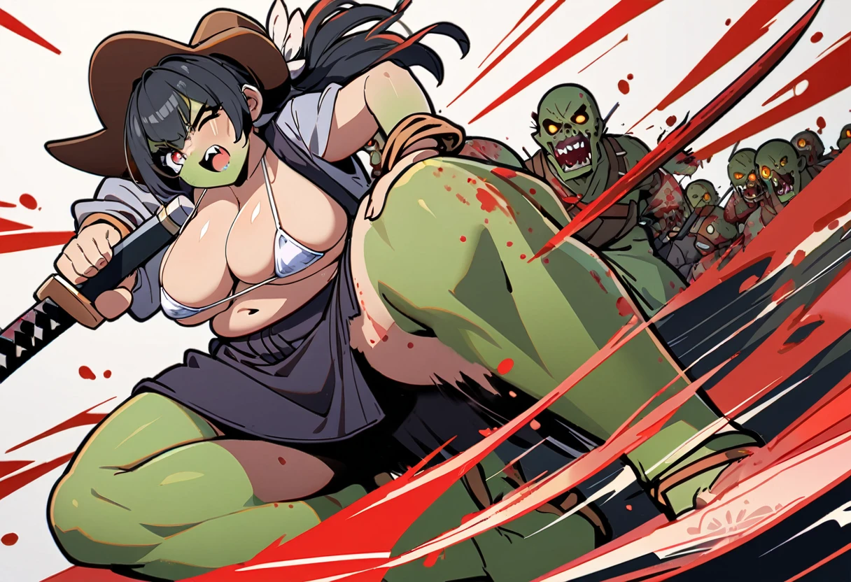 8k, super detail, best quality, 1girl, Full body portrait, Big Breasts, Plump, Micro Bikini, Cowboy hat, Straw sandals, black hair, hair bobbles, wince, long eyelashes, fang, drop shadow, ((Japanese sword, Slashing zombies, Zombie hordes, Blood splatter))