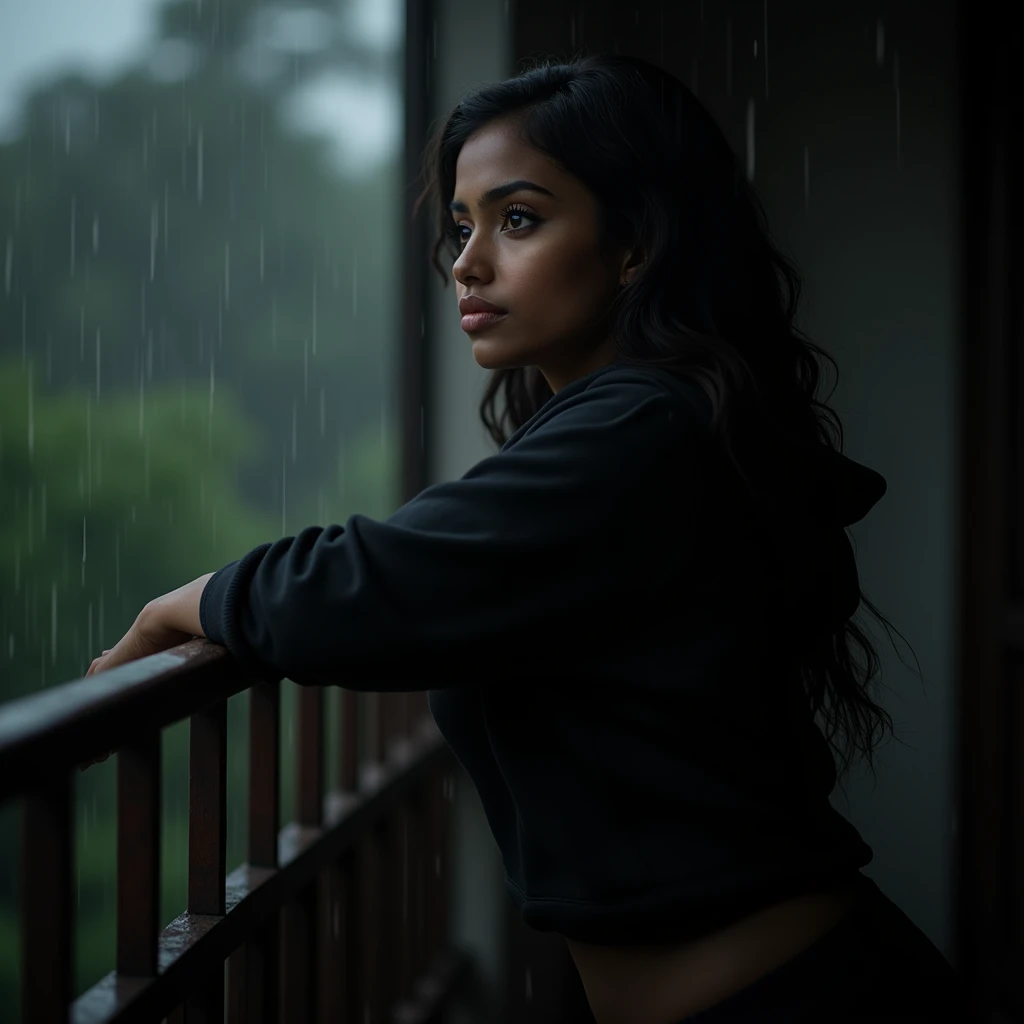 best quality,4k,8k,highres,masterpiece:1.2),ultra-detailed,(realistic,photorealistic,photo-realistic:1.37),srilankan 25 year old girl, with attractive facial features,beautiful detailed eyes,beautiful detailed lips,extremely detailed eyes and face,longeyelashes, fair skin tone. big breasts. wearing a black hoodie and black shorts, rainy day, dark atmosphere, posing elegantly for an instagram picture. standing on her room balcony while its raining. both hands holding the balcony fence, she's admiring the rain