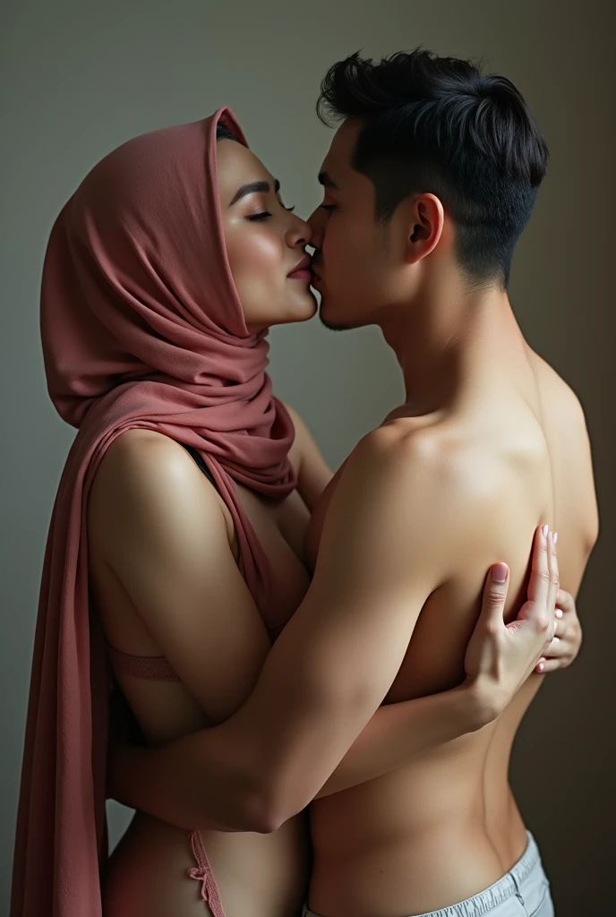Beautiful fair skin matured indonesia girl in hijab sitting in men lap, in spa room, seductive sexy face, 35 years old, milf, angry pose, ultra detail face, detail skin texture and wrinkle, crowded public bathroom, morning, wearing hijab, random lilac color hijab, wear strap down bra, medium breast, flat chest, wide waist, thick thighs, bright lighting, white lighting, dramatic lighting, high quality, cinematic movie shot angle and framing, weeding ring, bracelet and watch, nsfw, show pubic hair, naked, show vagina, seductive face, seductive lips, wet lips, 1 men hug from behind, sit with open leg, hugged by 1 man, seductive sex romantic couple
