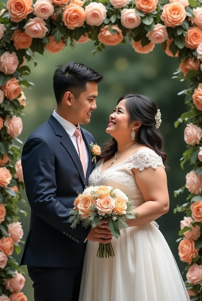 real pinoy couple fat girl amd boy slim wearing wedding look here with background arounding flowers 