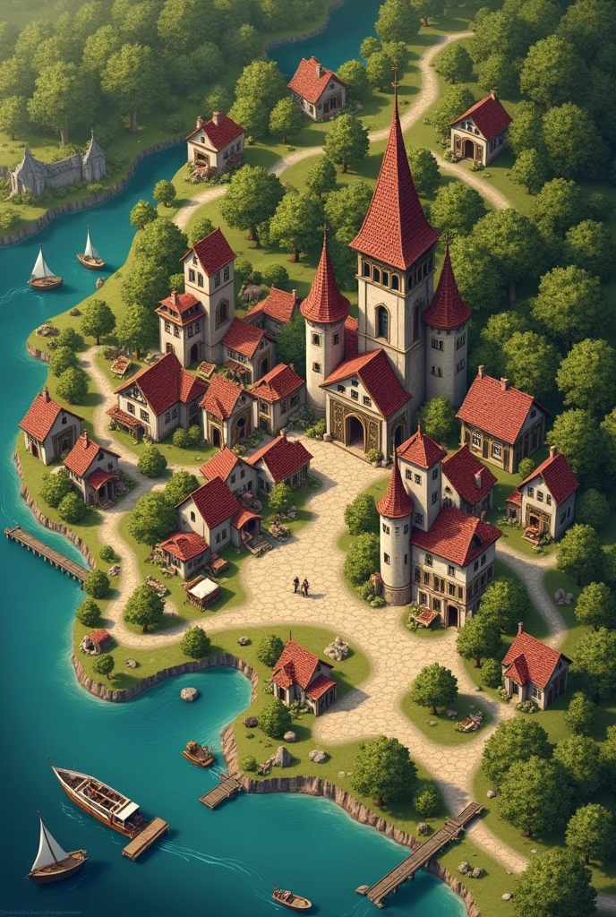a map of a medieval city called lilleheim city with the following characteristics: 

city center:

    Central Square: The heart of Lilleheim, where festivals are held. Around the square, you can find several taverns and inns that welcome visitors during events.
    Representative Greta&#39;s House: A prominent building near the square, where Greta runs the city&#39;s business and collects taxes.

Wine:

    Greta&#39;s Lands: Vineyards around the city, where Greta grows the grapes for the famous Lilleheim wines. Maybe there is a trail that leads from the city to these lands.
    Wine Market: Located near the square, where local traders sell wines and spices produced in the region.

residential areas:

    Residents&#39; Houses: Small houses built in a rustic style, scattered around the square and the wineries. The streets are made of stone, with a welcoming and well-kept appearance.

Nearby Forest:

    fairy forest: Located south of the city, this forest is where fairies supposedly live. There is a trail that leads to the forest, where Erik may be investigating the rumors.

harbour:

    Doca de Lilleheim: A small port on the river or lake near the city, where the boats that take wines to other cities depart from.