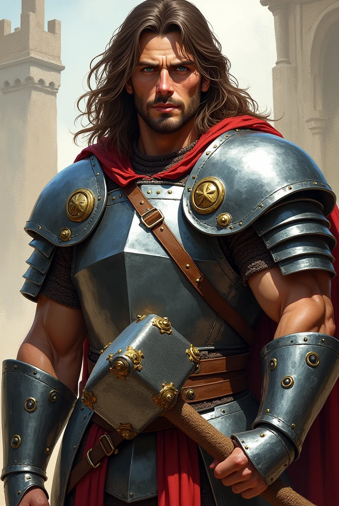 Short Italian soldiers, 27 years old, long brown hair, gray eyes, wearing robust medieval armor. He holds a battle hammer in his hand