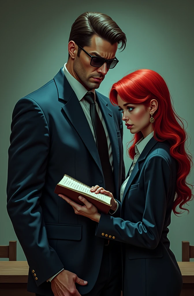 tall and strong man, dark brown hair, asymmetrical face, big lips wearing sunglasses, wearing typical police investigator clothes , looking at a red-haired woman with blue eyes holding a diary in her hands ( scenario an interrogation room)