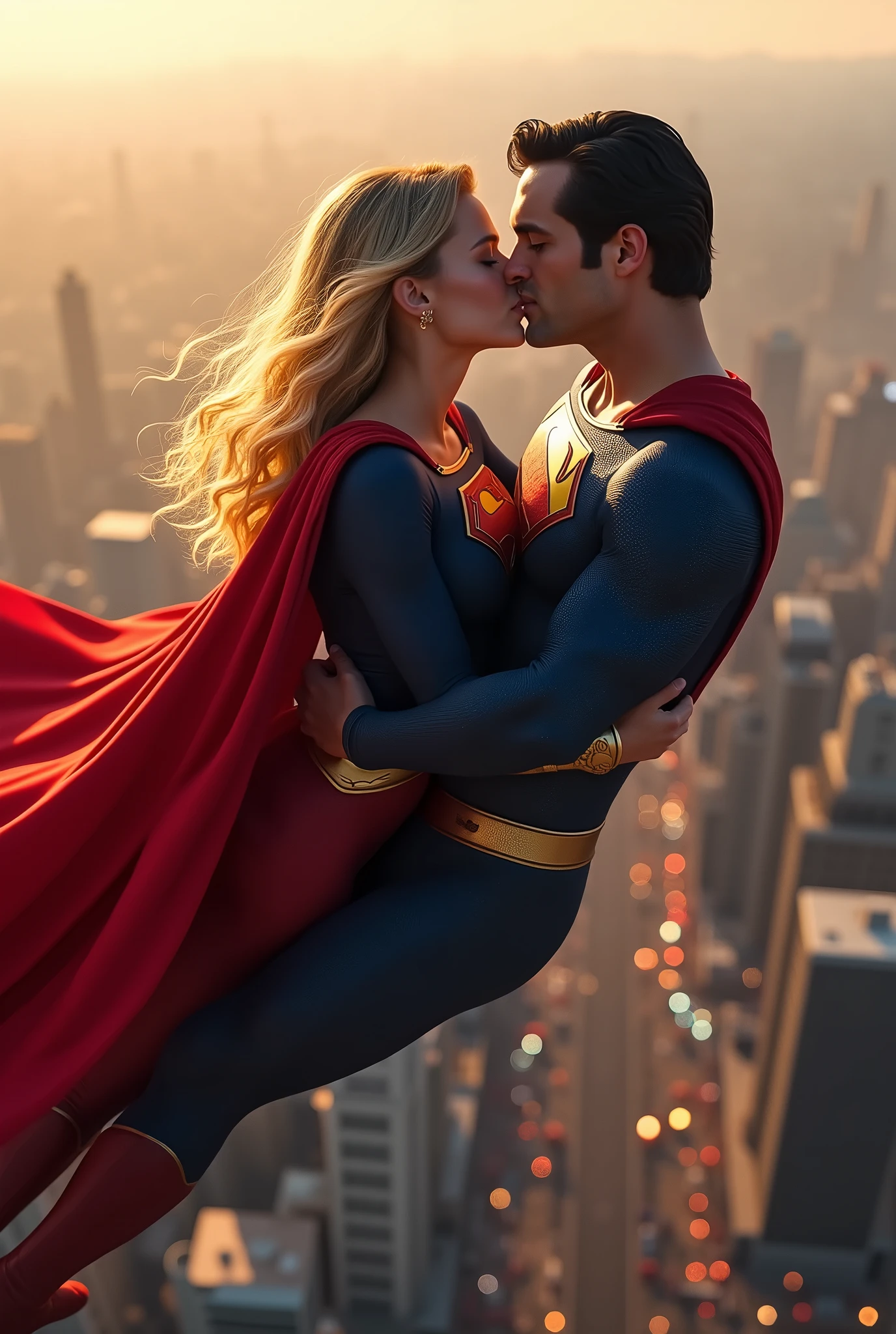 Super girl and superman are kissing, flying above city, closeup