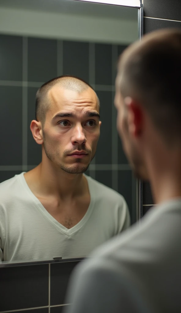 young man with hair loss in front of the mirror, with baldness 