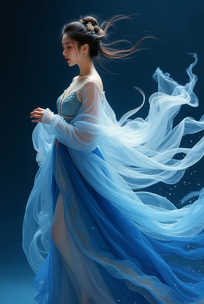 Ancient beauty with expression,Busy,The artwork is created with gouache on paper, with bold colors and patterns reflecting the artist's unique artistic vision. It combines deep blue shades, creating a compelling visual experience. This work depicts an elegant figure on a black background, adding depth to the entire work,New China,Color curve,Exquisite Han Dynasty chiffon dress,High-speed motion blur