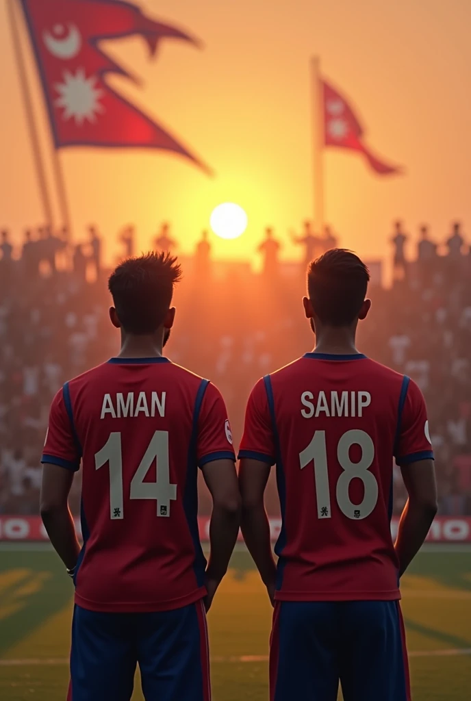 Two cricket players named Aman with jercy no 14 and samip with gercy no 18 watching crowd appreciation showing back to camera facing downgoing sun front carring nepali flag from cricket pitch inside the TU international cricket ground nepali flag everywhere