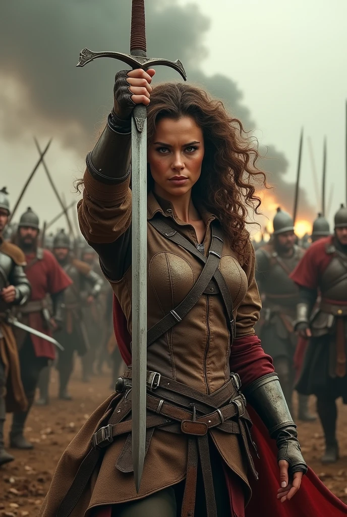 A woman on a battlefield. Strong curly hair brown. brown eyes. She holds a sword above her head and looks serious. She is .