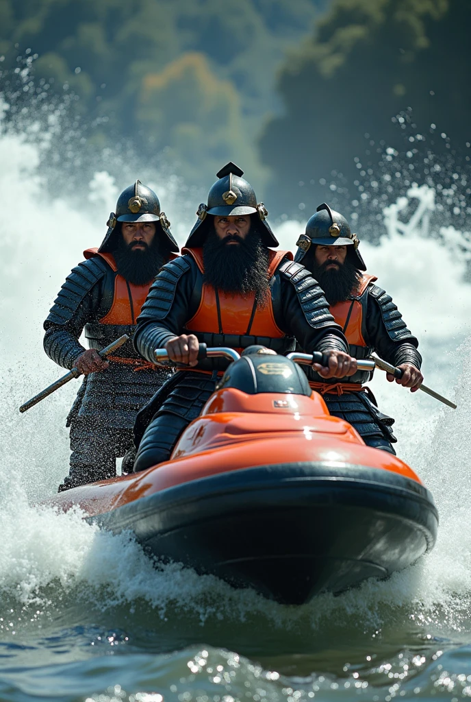Highest quality, Ultra-high resolution, 8k, RAW Photos ,Japanese Samurai、group、((Enjoying a personal water bike))、Expressionless、Torrent、warrior、armor、pocket、knife、beard、Splash、cinematic lightening、Wearing an orange life jacket