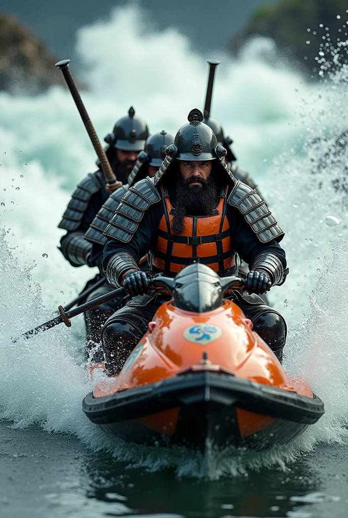 Highest quality, Ultra-high resolution, 8k, RAW Photos ,Japanese Samurai、group、((Enjoying a personal water bike))、Expressionless、Torrent、warrior、armor、pocket、knife、beard、Splash、cinematic lightening、Wearing an orange life jacket