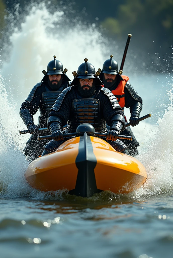 Highest quality, Ultra-high resolution, 8k, RAW Photos ,Japanese Samurai、group、((Enjoying a personal water bike))、Expressionless、Torrent、warrior、armor、pocket、knife、beard、Splash、cinematic lightening、Wearing an orange life jacket