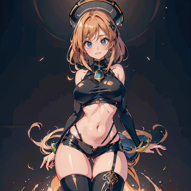 Anime Kawaii sexy Perfect Slim sensuous body large breast and huge thighs, An intricate and highly detailed illustration of anime (Young girl) ((best qualityer)), ((work of art)), (detailded:1.4), 3d, HDR (high-range dynamics), ray tracing, nvidia RTX, Super-resolution, Irreal 5, underground dispersal, PBR texturing, Post-processing, Anisotropic filtering, Depth of field, Maximum clarity and sharpness, Multilayer textures, Albedo and Specular Maps, Surface shading, Accurate simulation of light-material interaction, perfect proportions, octane rendering, two tone lighting, large aperture, Low ISO, White balance, (centred, scale to fit dimensions, rule of thirds), retina, super detaill, High details, high qualiy, awardwinning, best qualityer, high resolution, ultra HD, 8K CRU, (bright coloured:1.2), A European woman , Kristin Kreuk, 1 girl, (beautiful charming girl:1.6), breasts big, cute face, cute makeup, Long straight red hair, russet hair, (((black gold_eyeballs:1.3))), detailded symmetrical beautiful green human eyeballs, perfect big green human eyeballs, expressive eyeballs, big red limps, chubby one-armed woman, Big shy smile, glad, (delicate smile:1.4), detailded human hands, gold and black futurist uncovered belly skintight crop sport top and underpants, Microfiber Lycra Sports Shorts, zippered top and panties, slightly unzipped zipper, high tech knee high boots, revealing clothing, (detailded tactical gear:1.1), sensuous, appealing, slutty, seducer, erotic, full body posture standing, ela posa de forma dinâmica e sensuous, his captivating expression fixed directly on the camera, precise, anatomically correcte, texturized skin, background in port space, realisitic, futurist, Fantasyart, beautiful epic composition.