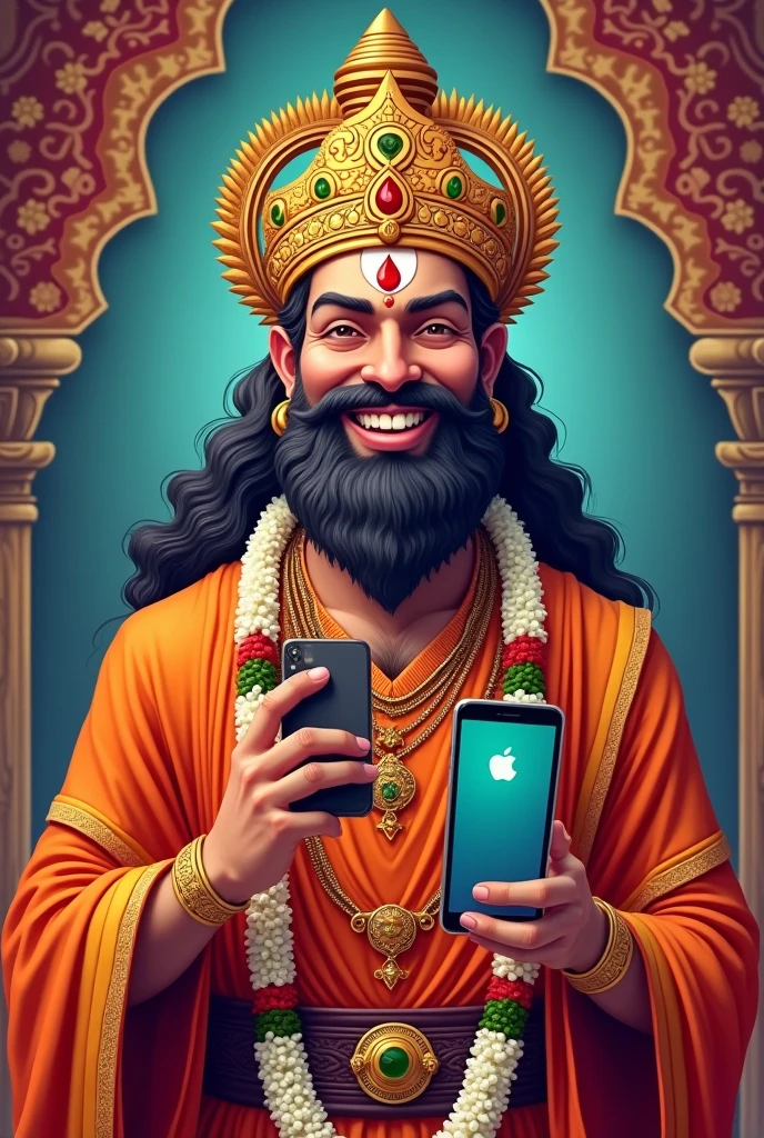 cartoon depiction of a Hindu king, adorned in traditional attire, holding a smartphone and smiling confidently.