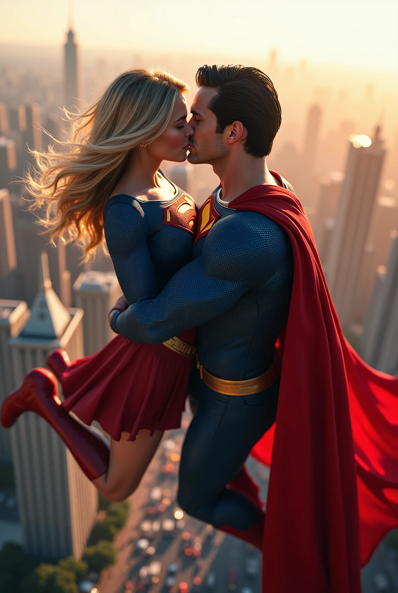 Super girl and superman are kissing, flying above city, closeup