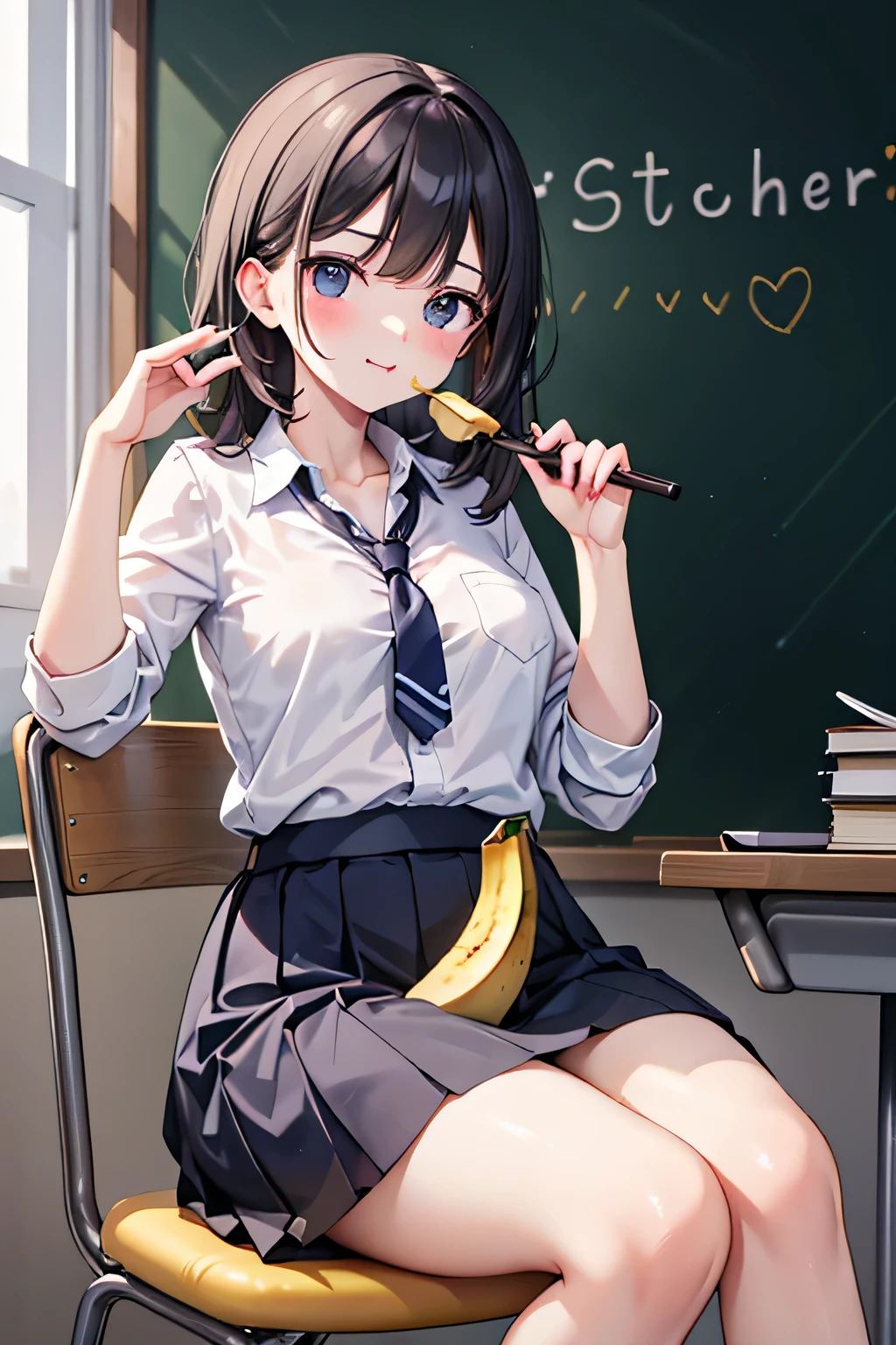 PICTURE REALISTIC, a one woman, fully body, eating banana, (Realistic、Realistic:1.37)、(masterpiece)、(Highest quality:1.4)、(Ultra-high resolution:1.2)、(RAW Photos:1.2)、(Sharp focus:1.3)、(stand:1.2)、elegant、(Whole Body Ezbian:1.2)、(Wearing a polo shirt and a pleated skirt:1.3)、((Short skirt))、Very cute Japanese、(A faint smile:1.3)、(Makes hair shine:1.3)、Short pleated skirt、