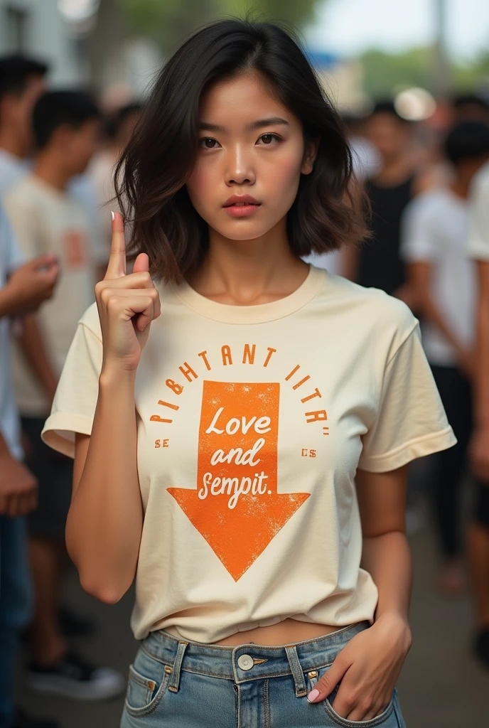 reads, A beautiful Indonesian woman, wearing a cream coloured t-shirt with a strong vector design featuring a silhouetted image of a downward arrow symbol in an orange colour full of splash blood. The phrase "ANTRI WOOE" is displayed in elegant and simple bold letters, distressed typography with pastel colours, while holding her miniskirt, short wavy hair, one handed pose pointing cameramen, in a public place, surrounded by many naked men, seductive pose, jav idol, with front shooting angle, very realistic, (complex detail: 0.9), (hdr, hyperdetail: 1.2), RAW, Sony Alpha a9 II, 24-105mm f/4, HDR,