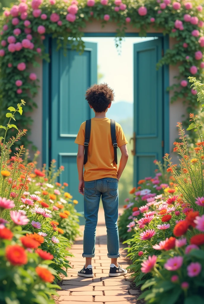 Teenager in front of flower garden with open doors 