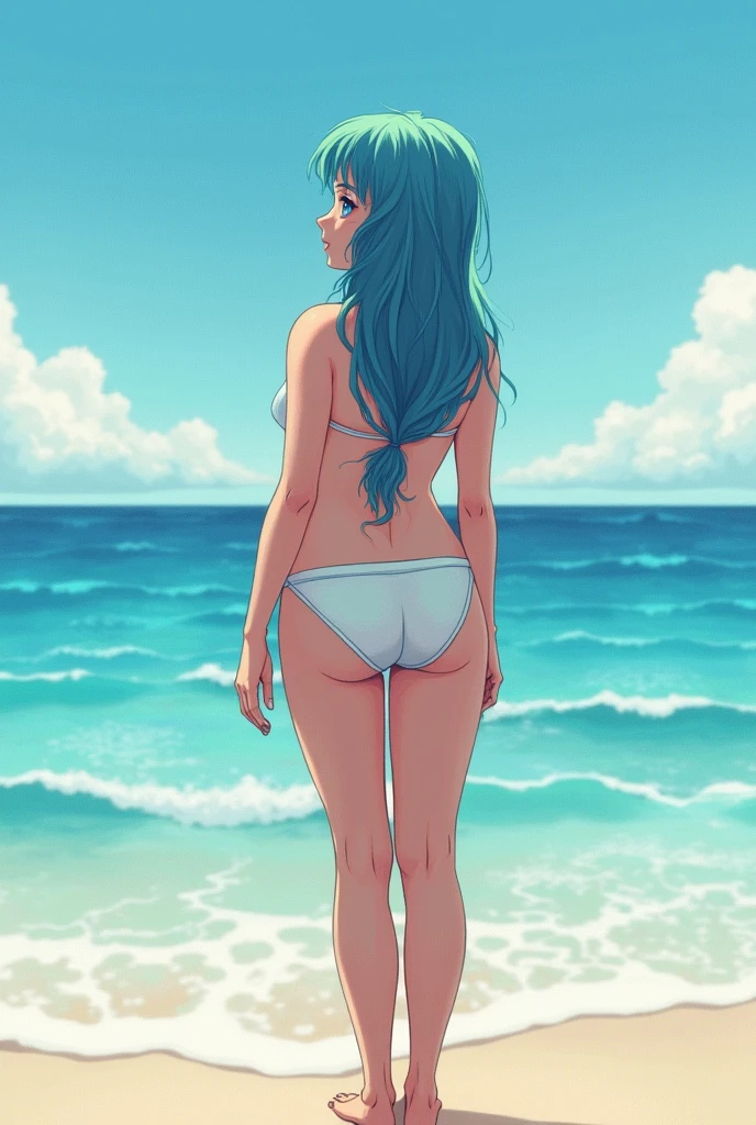 A serene portrait of a plump bohemian woman with blue eyes, long reddish blue hair, pale skin. She stands with her back turned, on the beach, she stares calmly at the sea, wearing a white bikini, Anime photo.