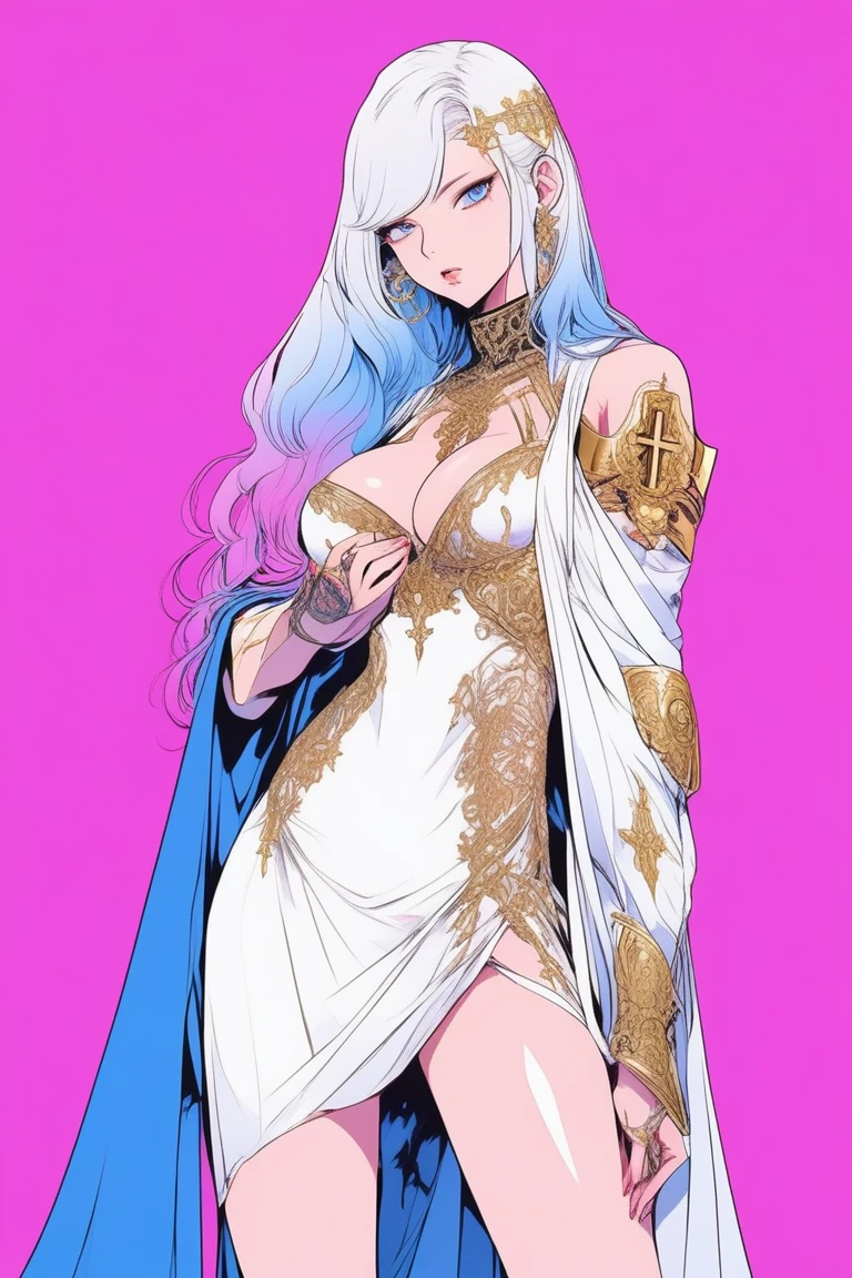 Illustrator, anime , Realistic ,sketch , 1 person, model, 5, lip, Sexy revealing white and gold sheer priest dress(Holy Gun), order, Blue and pink gradient background, Neon Hair, Big Breaeavage is visibleack, Upper Body, Sexy look, Texture Trim, Rua, (masterpiece,Highest quality)