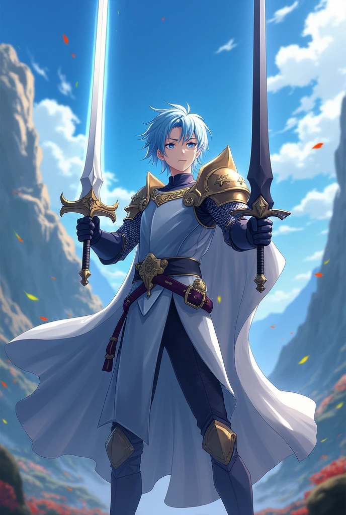 A male anime character with light blue hair. He is a brave knight. His weapons are two holy swords. The first one is a pure white sword with a light aura. The second one is a pitch-black sword with a dark aura.