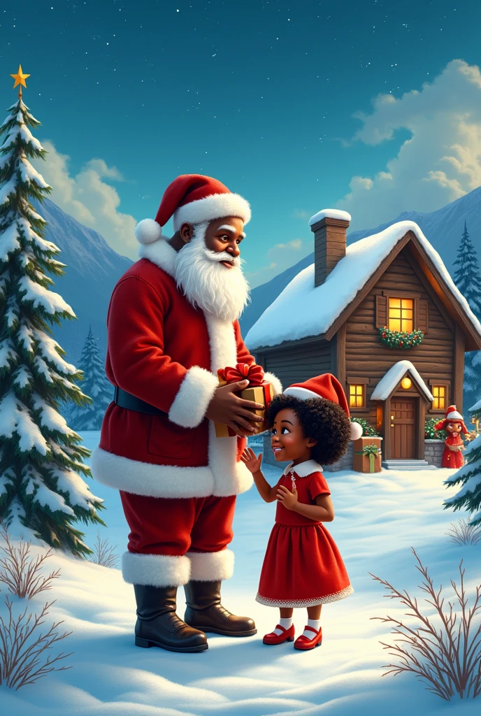 A vibrant and heartwarming holiday scene, illustration painted with a cinematic touch, depicts a unique Santa Claus, an African American man, standing in the snow with a young African American girl. Santa wears his traditional red and white attire, holding a gift box and a present as the girl, dressed in a red dress and hat. In the background, a cozy wooden cabin with a chimney and a decorated Christmas tree, snow-covered mountains and a clear blue sky with twinkling stars create a serene.
