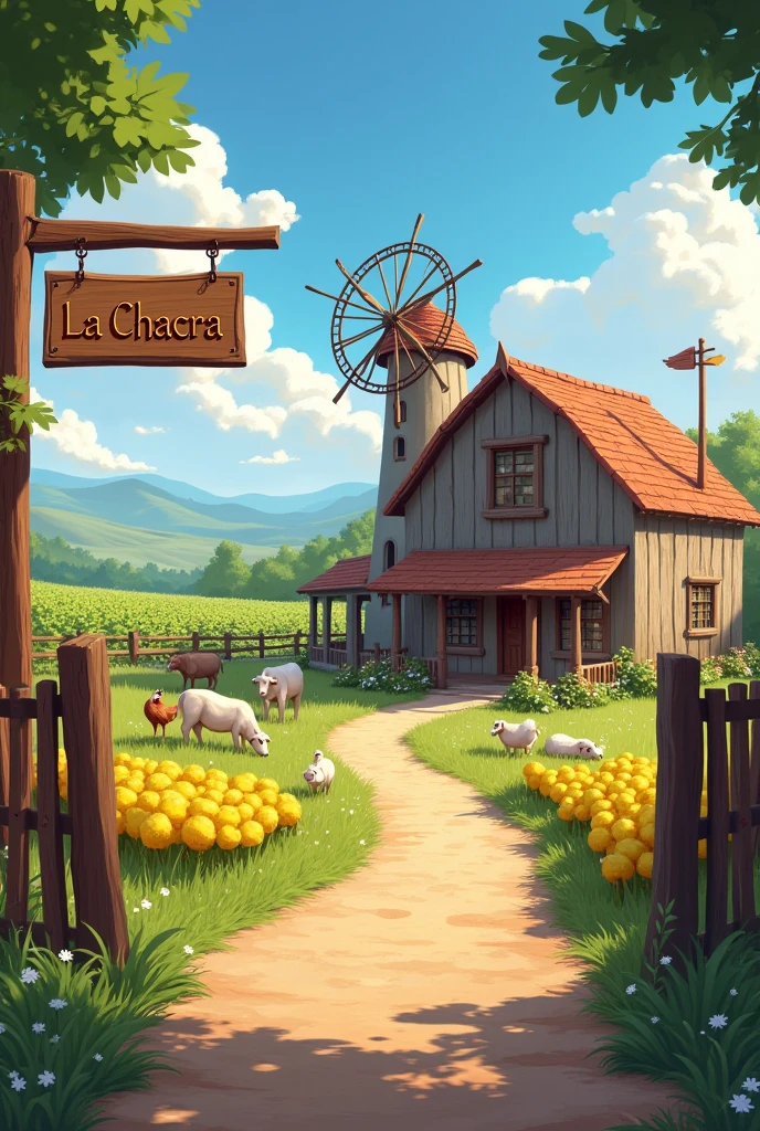 An image of a farm with a house, crops, animals, a windmill and a large wooden hanging sign that says &quot;la chacra&quot; for a logo