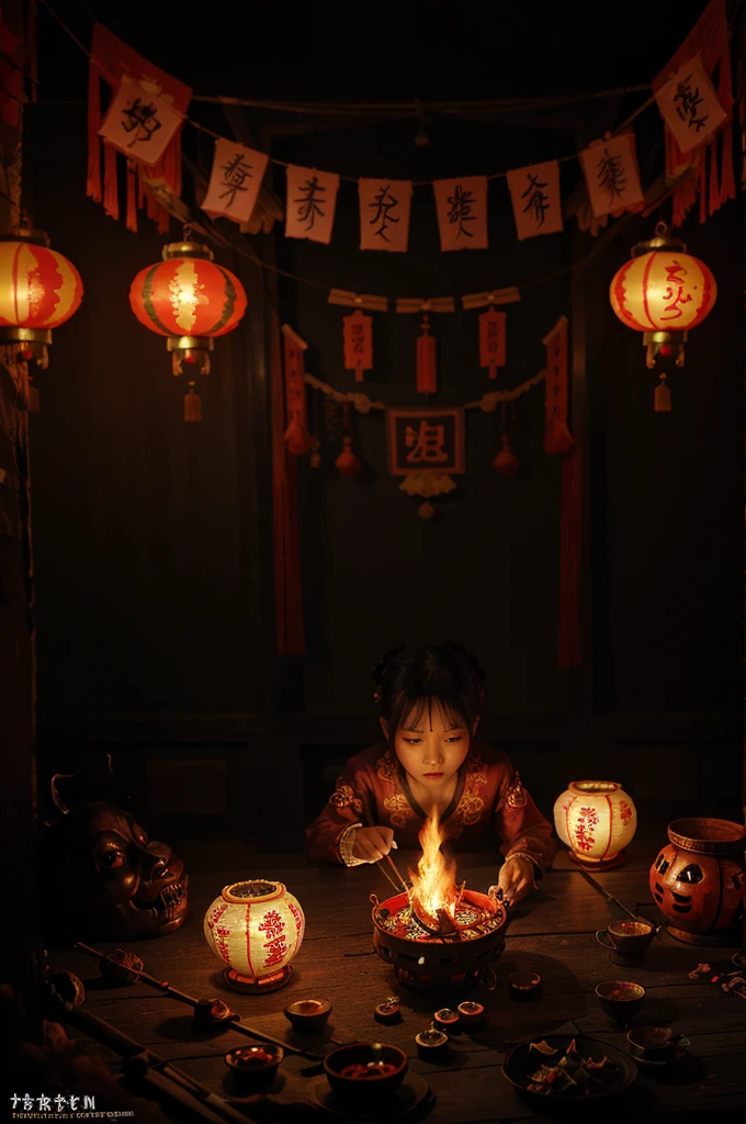 a hungry ghost festival, spooky traditional chinese ghost festival, glowing lanterns, intricate paper decorations, elaborate incense burners, colorful offerings, burning paper money, ghostly figures, supernatural atmosphere, vibrant colors, intricate details, striking textures, moody lighting, cinematic composition, masterpiece, stunning realism, award-winning quality