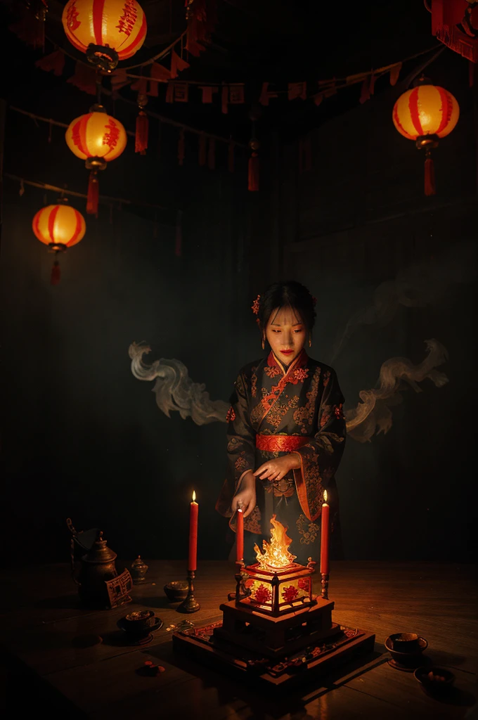 a hungry ghost festival, spooky traditional chinese ghost festival, glowing lanterns, intricate paper decorations, elaborate incense burners, colorful offerings, burning paper money, ghostly figures, supernatural atmosphere, vibrant colors, intricate details, striking textures, moody lighting, cinematic composition, masterpiece, stunning realism, award-winning quality