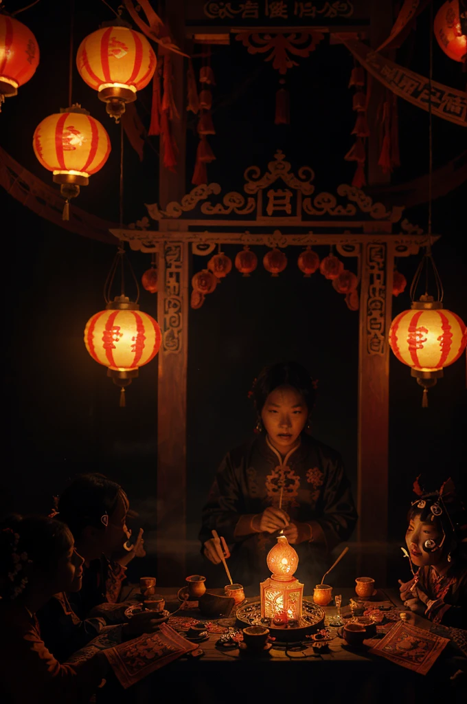a hungry ghost festival, spooky traditional chinese ghost festival, glowing lanterns, intricate paper decorations, elaborate incense burners, colorful offerings, burning paper money, ghostly figures, supernatural atmosphere, vibrant colors, intricate details, striking textures, moody lighting, cinematic composition, masterpiece, stunning realism, award-winning quality
