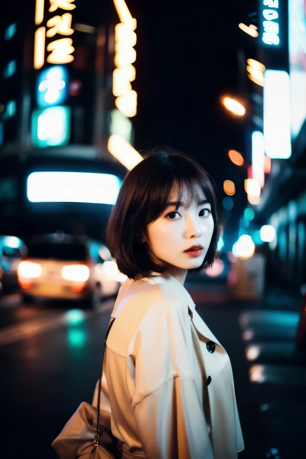 (beautiful korean fashion model, beautiful woman, beautiful female portrait, city night scene, city lights, bokeh, cinematic, dramatic lighting, chiaroscuro, moody, atmospheric, elegant, glamorous, high fashion, vogue, editorial, 4k, ultra-detailed, photorealistic, cinematic lighting, intricate details, vibrant colors, stunning, masterpiece)