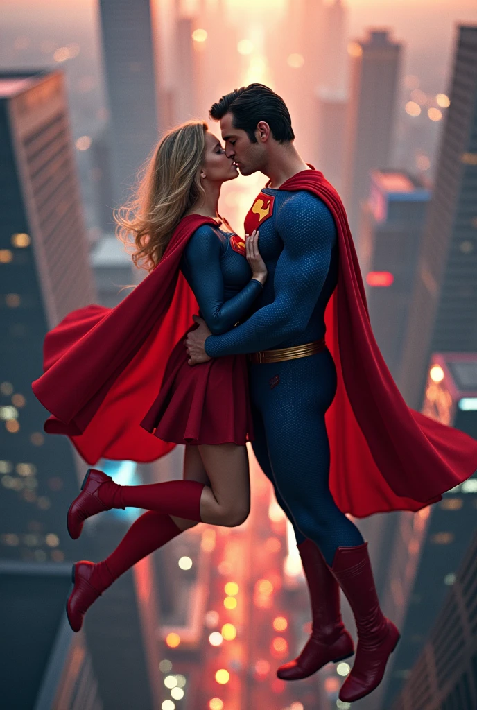 ((Magazine cover)), Super girl and superman are kissing, flying above city, closeup