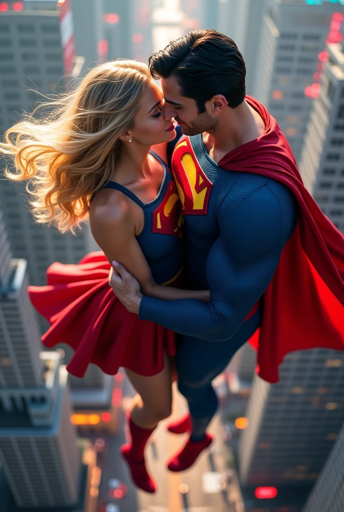 ((Magazine cover)), Super girl and superman are kissing, flying above city, closeup