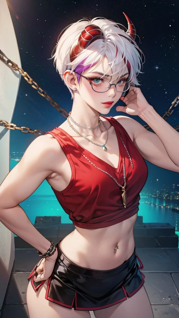 8k, masterpiece, best quality, highly detailed, 1 girl, tiefling, boxer, pixie cut, multicolored hair, very short straight hair red highlight hair on white hair, strippled hair, wearing glasses, round glasses, earrings, navel piercing, red eyeshadow, long eyelashes, blushed cheek, red lips, pearl necklace, rings, collarbone, mole on face, glamorous, teal and purple clothes, sleeveless, miniskirt, smirk, close up view, rings, looking at viewer, demon horns, solo, starry sky, plae blue moon, standing, boxing stance, scaled arms, chains on the background.