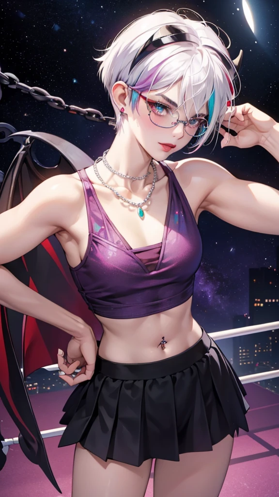 8k, masterpiece, best quality, highly detailed, 1 girl, tiefling, boxer, pixie cut, multicolored hair, very short straight hair red highlight hair on white hair, strippled hair, wearing glasses, round glasses, earrings, navel piercing, red eyeshadow, long eyelashes, blushed cheek, red lips, pearl necklace, rings, collarbone, mole on face, glamorous, teal and purple clothes, sleeveless, miniskirt, smirk, close up view, rings, looking at viewer, demon horns, solo, starry sky, plae blue moon, standing, boxing stance, scaled arms, chains on the background.