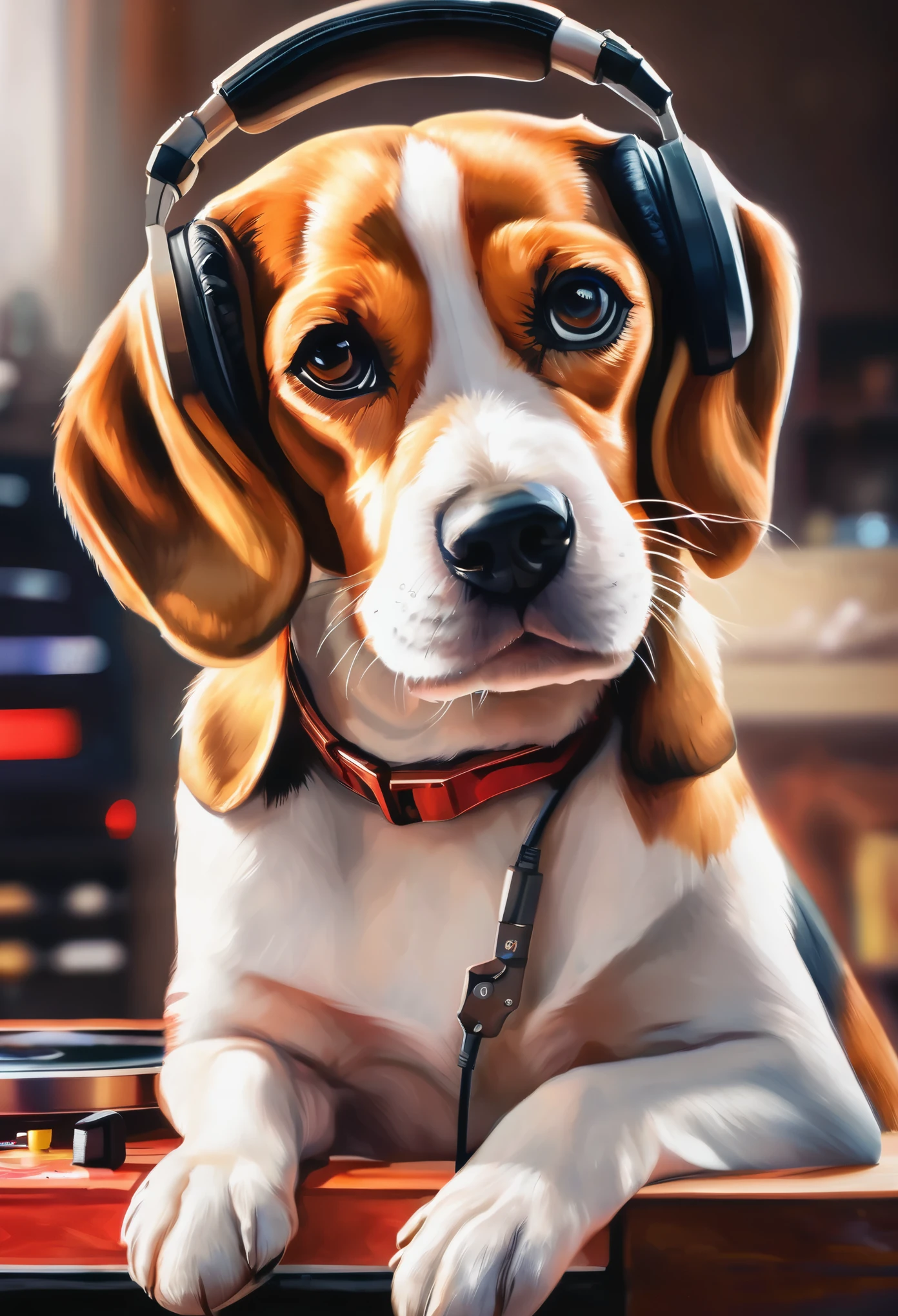 a Beagle dog, 3D watercolor style painting, DJ dog listening to music, DJ Beagle Cão, full picture, high resolution high contrast (photorrealistic:1.5), (CRU photo, 8k hd,