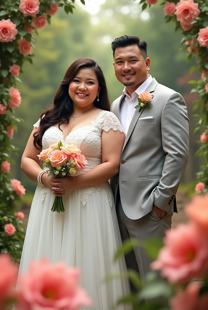 real pinoy couple fat girl amd boy slim wearing wedding looking here with background arounding flowers 