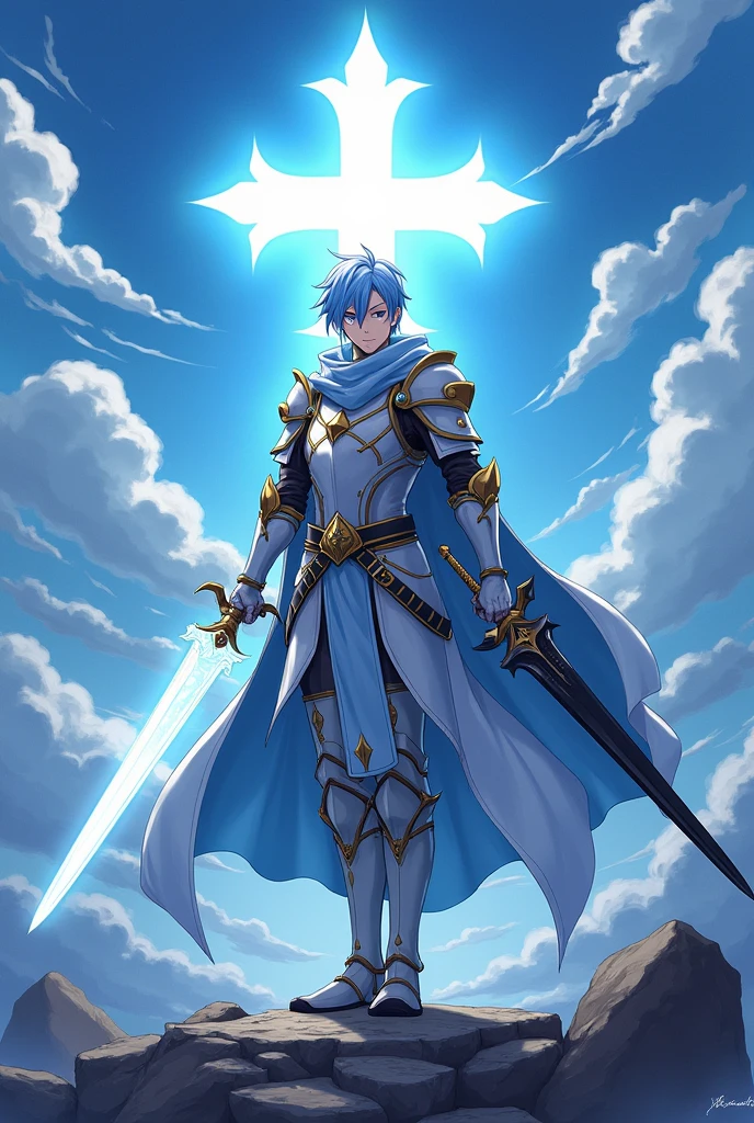 A male anime character with light blue hair. He is a brave knight. His weapons are two holy swords. The first one is a pure white sword with a light aura. The second one is a pitch-black sword with a dark aura.