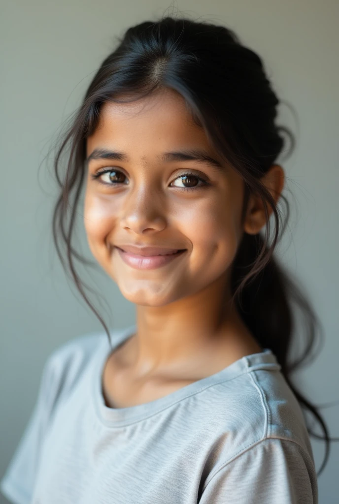 A detailed portrait of an -yeld fee indian teenager. She has a  frame, a youthful glow to her complexion, expressive eyes filled with curiosity, and a dimpled smile. She has medium-length hair tied up in a casual ponytail. She is wearing a comfortable stylis t shirt and photo should be sideways 