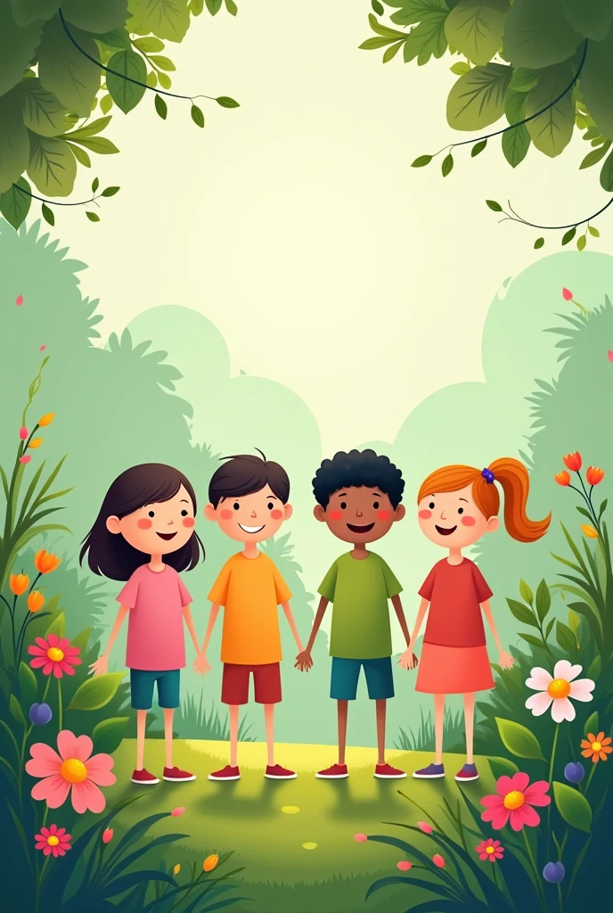 four stick figure kids, standing, in a garden