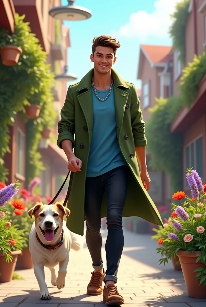 A men look cute wearing a green coat and blue t shirt , black pant and the background is broad Street there some flowers run with dog