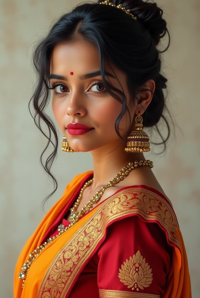 Indian lady , perfect figure eyes little big, red lips , little fat ,breast big ,
With saari , hair bigger with rubber 
