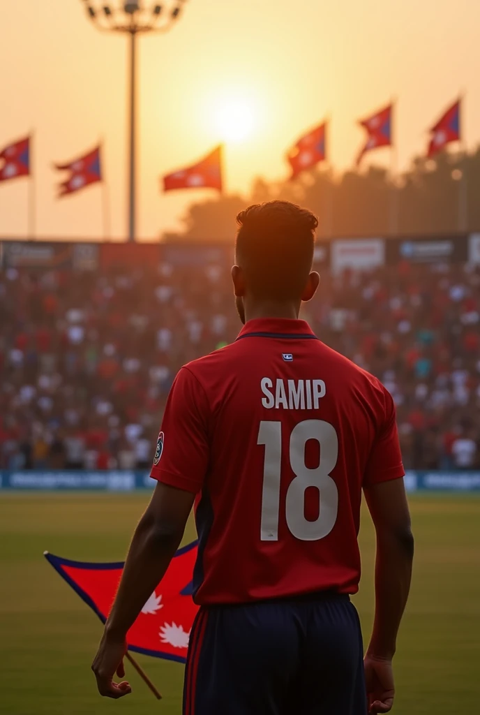  samip with gercy no 18 watching crowd appreciation showing back to camera facing downgoing sun front carring nepali  flag from cricket pitch inside the TU international cricket ground nepali flag everywhere 