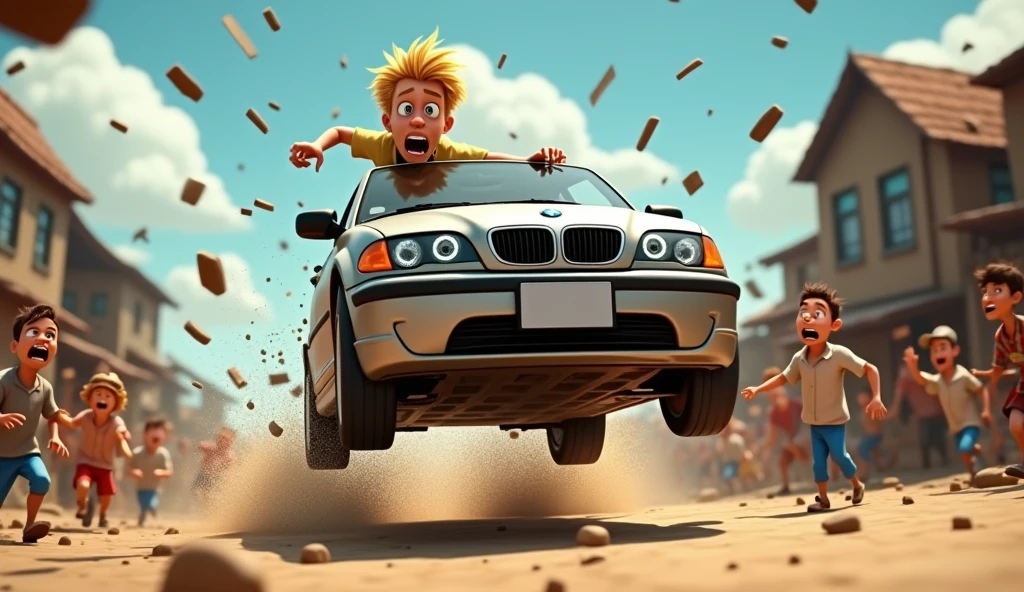 Im Stil von Cartoon 3D-Animations-Filmen. Villagers flee in panic from car wheels flying through the air and a speeding silver BMW E46 Compact. The vehicle is driven by an aggressive and insane looking young man with short blond hair.