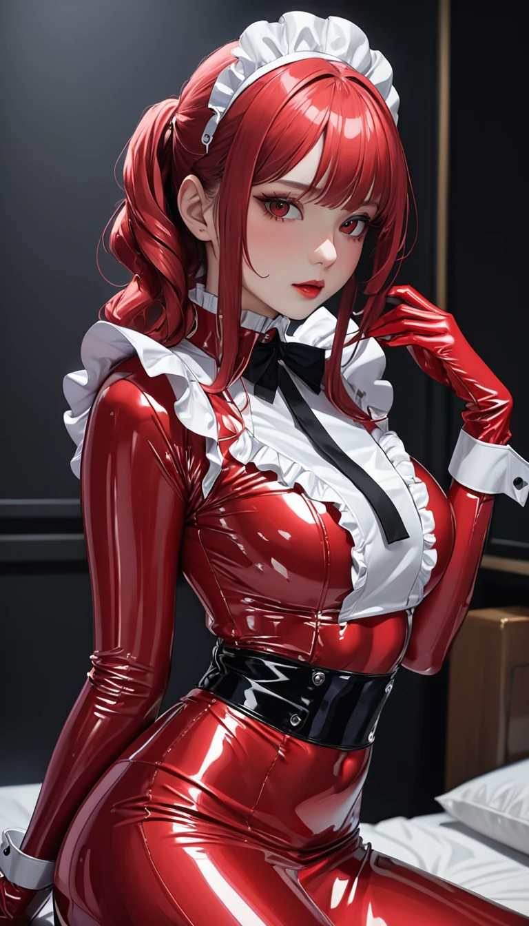 Portraiture、(masterpiece,Highest quality,Ultra-high resolution),Japanese women, (((A very beautiful 25 year old))),(Pale red latex maid outfit)、((Pale red latex long skirt))、(A long-sleeved latex shirt that covers the upper body)、Pale red latex gloves、Pale red latex socks、Pale red latex bodysuit、Frills、Latex is very shiny、Dark Room