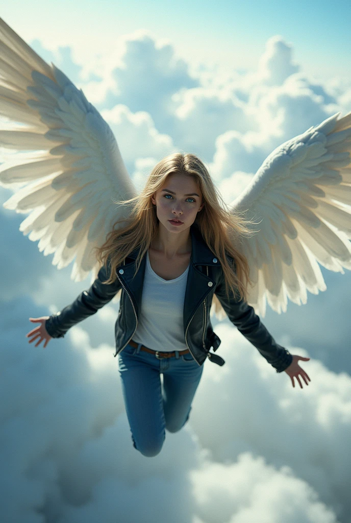fille avec des longs cheveux magnifiques. Elle a les yeux bleus et sa peau est blanche. Elle porte une veste en cuir noir, Blue Jeans, et elle a des chaussures de ranger. Elle a deux grandes ailes blanches et elle vole dans le ciel. [fille] [ailes] [fantastique] [Beau]