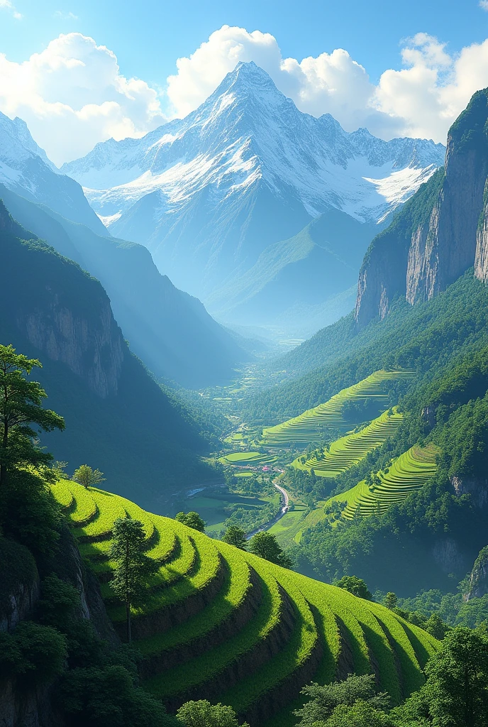 Terraced field with mountains in the background