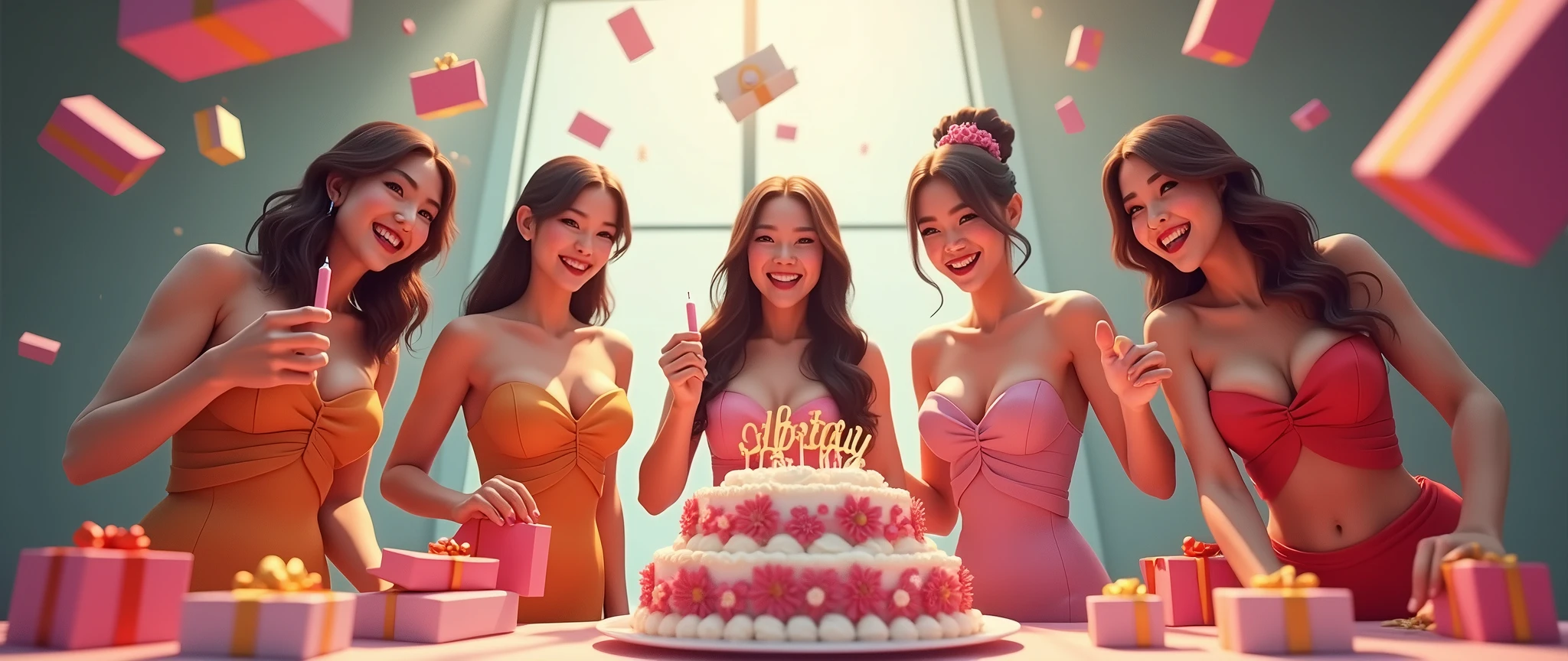 This is a birthday party scene. Delicious-looking cakes are flying around. Gift boxes of various colors fly around. There were a lot of pretty Asian female casino dealers celebrating my birthday.