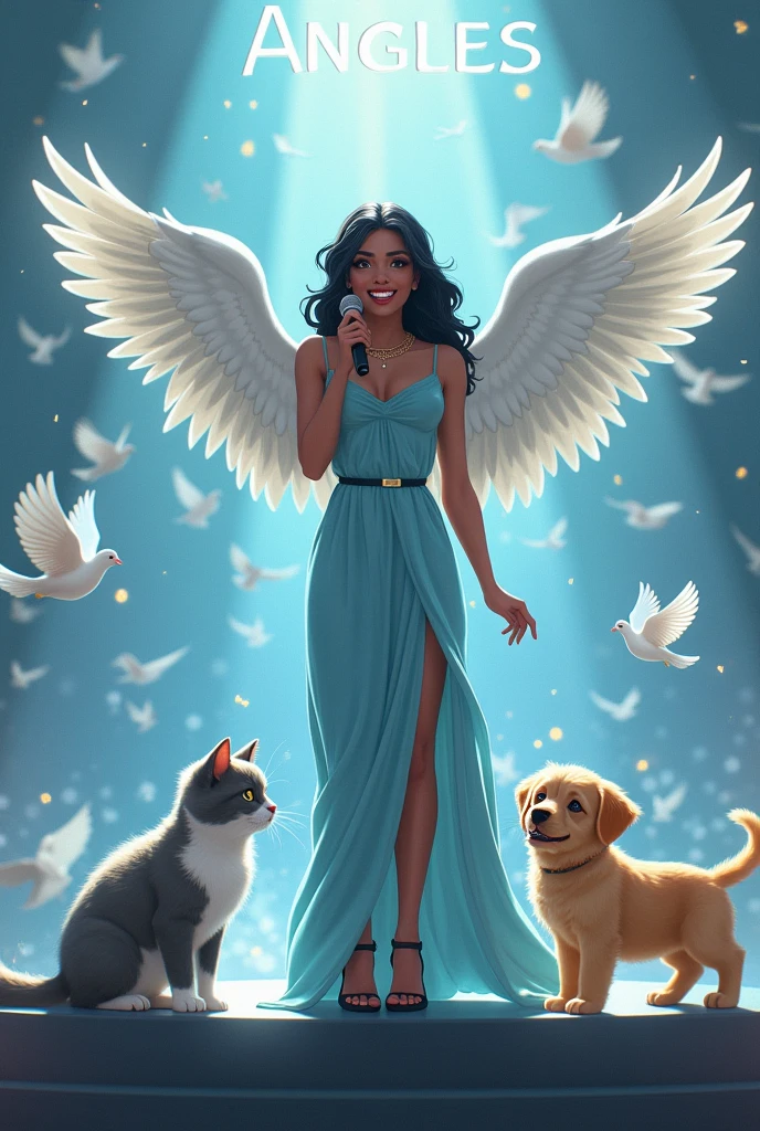 A 26-year-old girl with light dark skin color ,with big wings like an angel with a smile and has braces on his teeth , her black wavy hair with a long blue dress and high black heels like a Goddess on a stage full of doves with a microphone , Next to her are her 3 pets, a large gray angora kitten, lead-colored all over its body, and her other pet, which is a yellow and white kitten, her name is Nini, she is smaller, and her last pet, which is a large beige Golden puppy, his name is Osito, on stage he has a big name that says Angeles.