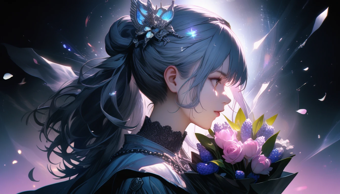 Delicate bouquet of hyacinths, Ultra-transparent, holy Light, beautiful spectral Light, Petals Shine, Blink, Dark Background, transparent Light drops, reflective Light, bright, Light flowing in, Optics, Portrait Profile, Sharp focus, Magic, Complex, Ultra-realistic, Fantasy, composition, Light, Art Station Trends, Pearl, Silvery Steam Guardian Cloud, Corrosive envelope group, 8k, ureal air 23v4 upLight,