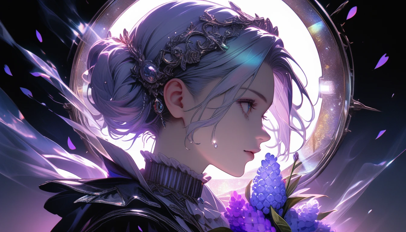 Delicate bouquet of hyacinths, Ultra-transparent, holy Light, beautiful spectral Light, Petals Shine, Blink, Dark Background, transparent Light drops, reflective Light, bright, Light flowing in, Optics, Portrait Profile, Sharp focus, Magic, Complex, Ultra-realistic, Fantasy, composition, Light, Art Station Trends, Pearl, Silvery Steam Guardian Cloud, Corrosive envelope group, 8k, ureal air 23v4 upLight,